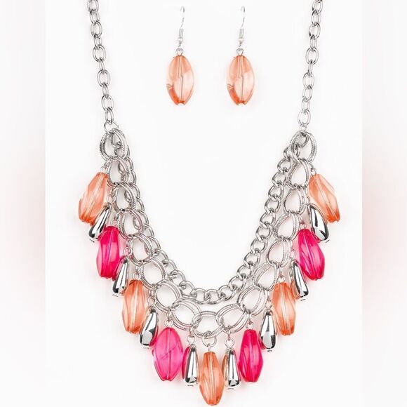 Set!! Beautiful spring chain and pink/peach/ silver bead drops necklace - Picture 2 of 3